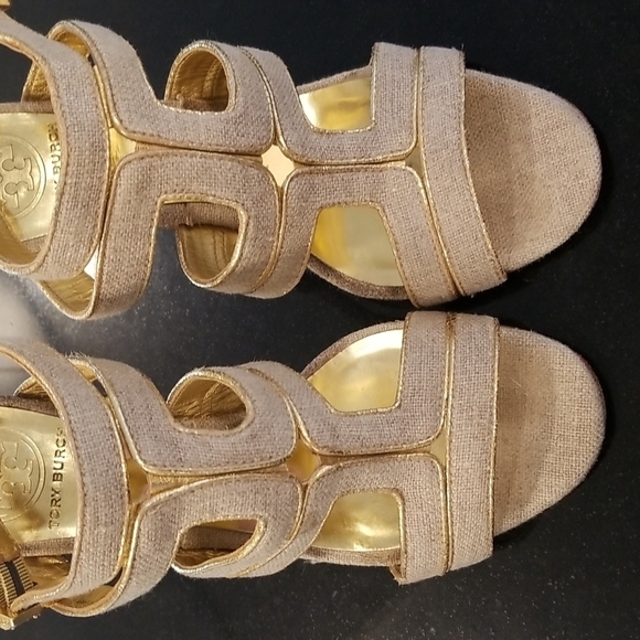 💕TORY BURCH💕 Leather Cage Sandal Heels ~ Open Toe Canvas & Gold 7.5 - Picture 2 of 14